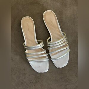 Pure Navy Silver Metallic Multi-Strap Slide Square Toe Sandals